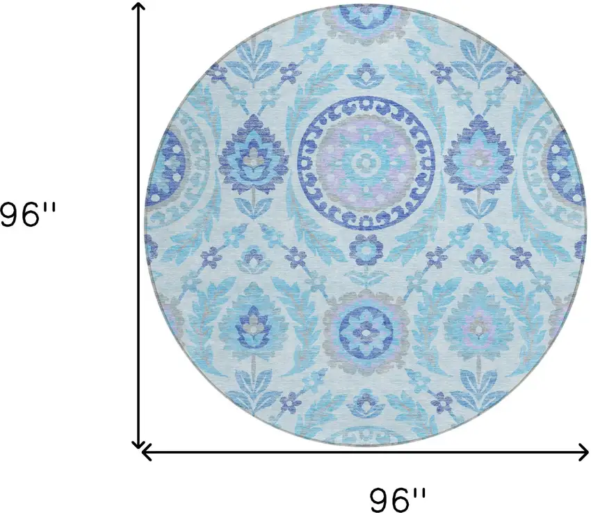 8' Sky Blue And Lavender Round Floral Washable Indoor Outdoor Area Rug Photo 8