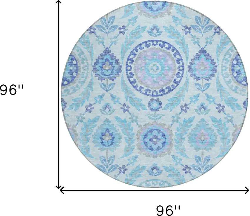 8' Sky Blue And Lavender Round Floral Washable Indoor Outdoor Area Rug Photo 8