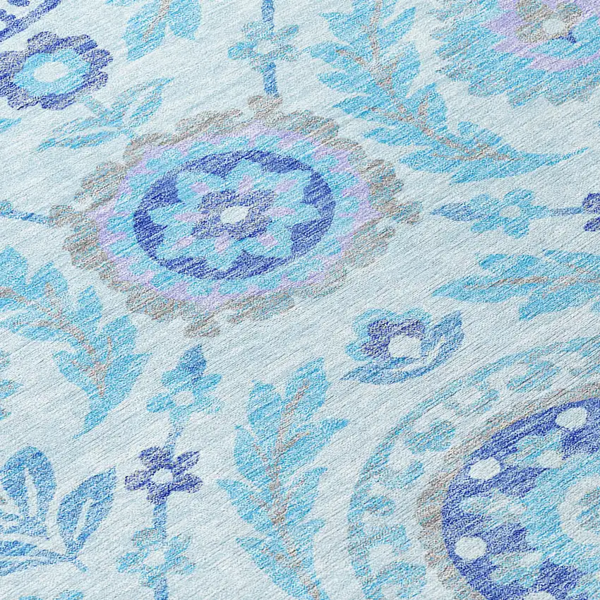 8' Sky Blue And Lavender Round Floral Washable Indoor Outdoor Area Rug Photo 4