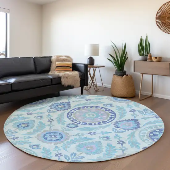 8' Sky Blue And Lavender Round Floral Washable Indoor Outdoor Area Rug Photo 7