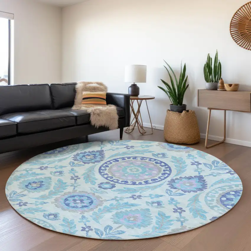 8' Sky Blue And Lavender Round Floral Washable Indoor Outdoor Area Rug Photo 7