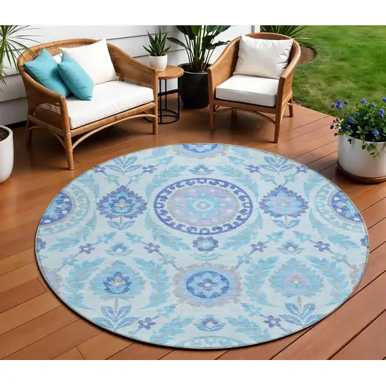8' Sky Blue And Lavender Round Floral Washable Indoor Outdoor Area Rug Photo 1