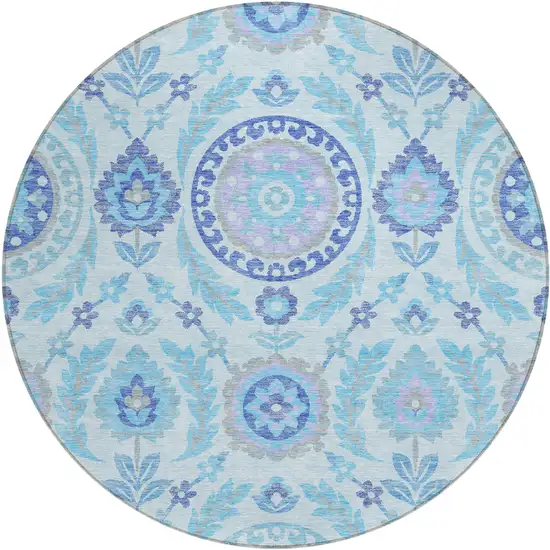 8' Sky Blue And Lavender Round Floral Washable Indoor Outdoor Area Rug Photo 1
