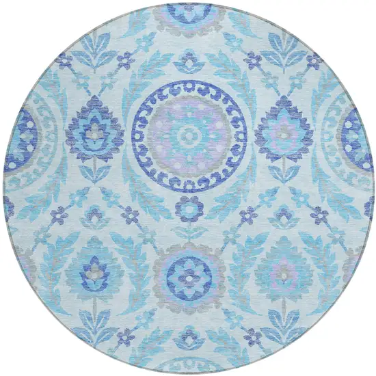 8' Sky Blue And Lavender Round Floral Washable Indoor Outdoor Area Rug Photo 1