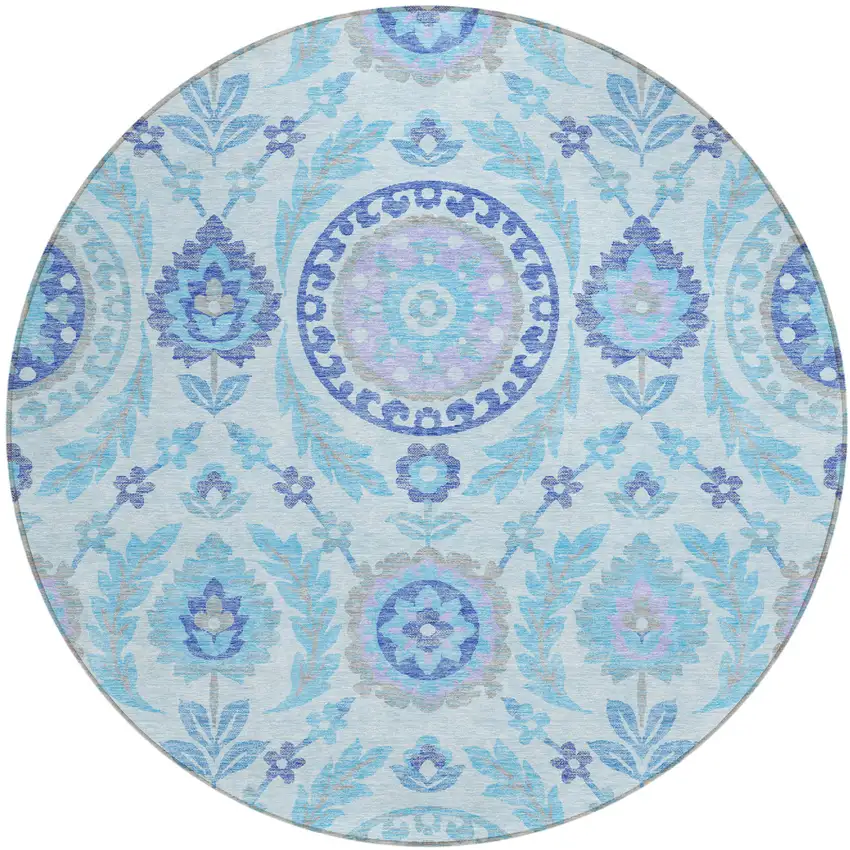 8' Sky Blue And Lavender Round Floral Washable Indoor Outdoor Area Rug Photo 1