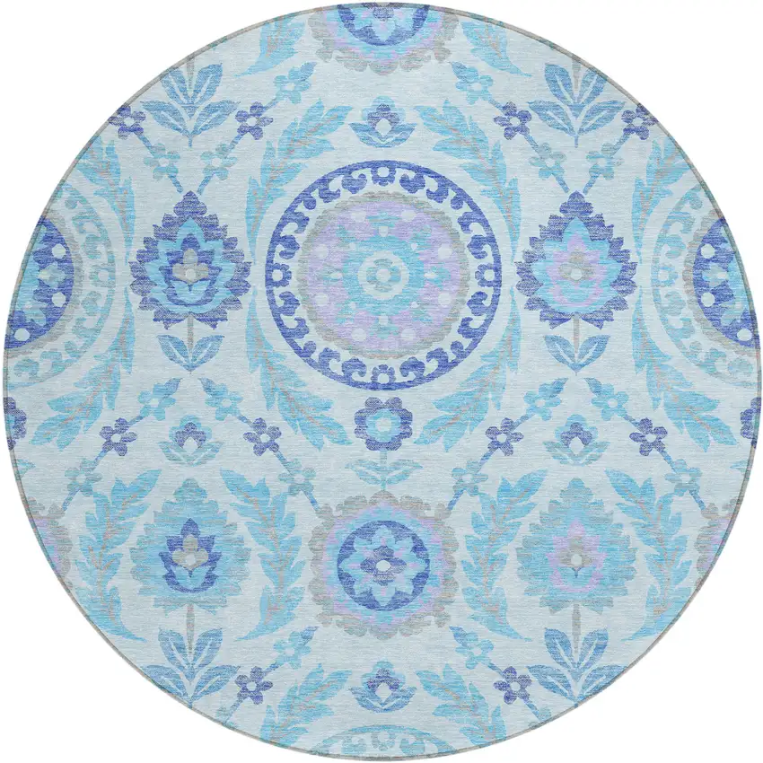 8' Sky Blue And Lavender Round Floral Washable Indoor Outdoor Area Rug Photo 1
