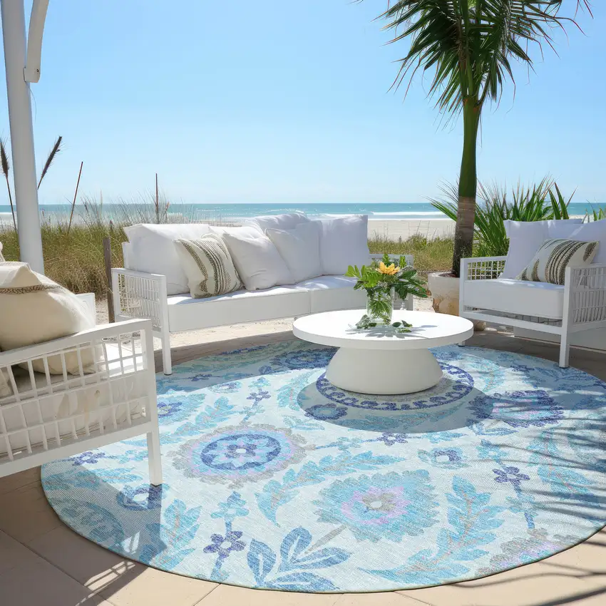 8' Sky Blue And Lavender Round Floral Washable Indoor Outdoor Area Rug Photo 6