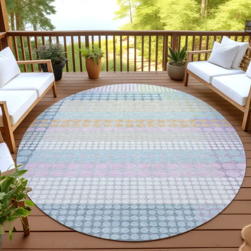 8' Sky Blue And Lavender Round Geometric Washable Indoor Outdoor Area Rug Photo 4