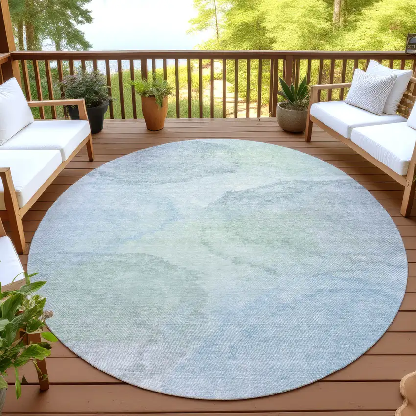 8' Sky Blue And Mint Green Round Abstract Washable Indoor Outdoor Area Rug Photo 4