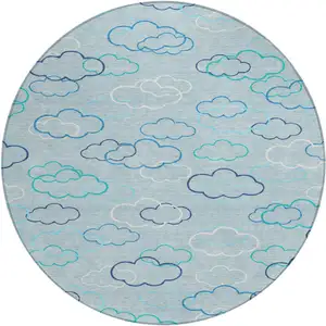 Photo of 8' Sky Blue And Navy Blue Round Abstract Washable Indoor Outdoor Area Rug