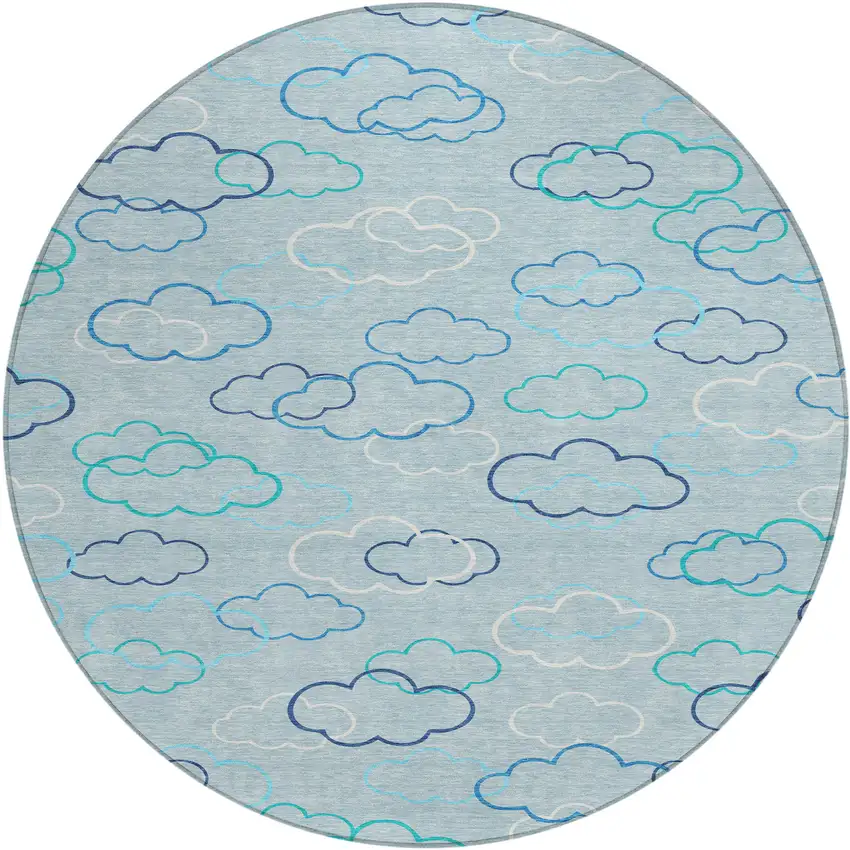 8' Sky Blue And Navy Blue Round Abstract Washable Indoor Outdoor Area Rug Photo 1
