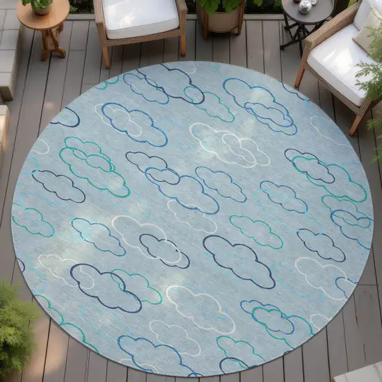 8' Sky Blue And Navy Blue Round Abstract Washable Indoor Outdoor Area Rug Photo 4