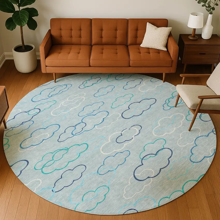 8' Sky Blue And Navy Blue Round Abstract Washable Indoor Outdoor Area Rug Photo 5