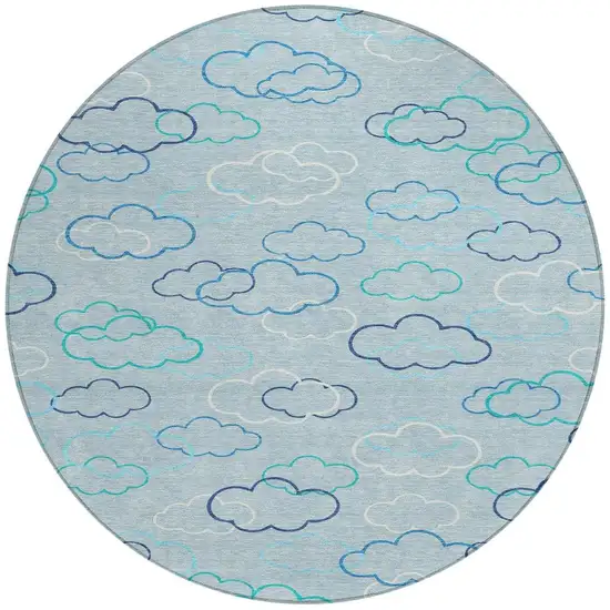 8' Sky Blue And Navy Blue Round Abstract Washable Indoor Outdoor Area Rug Photo 3