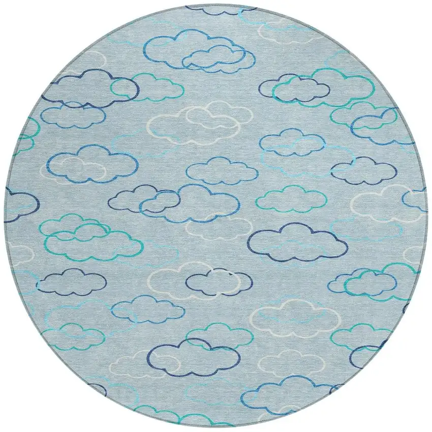 8' Sky Blue And Navy Blue Round Abstract Washable Indoor Outdoor Area Rug Photo 3
