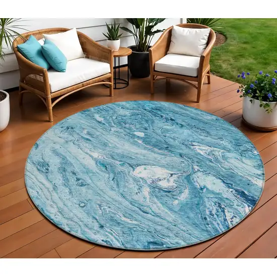 8' Sky Blue And Navy Blue Round Abstract Washable Indoor Outdoor Area Rug Photo 1
