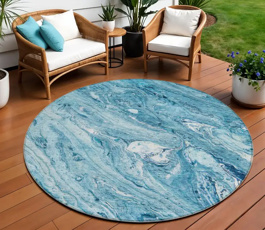 8' Sky Blue And Navy Blue Round Abstract Washable Indoor Outdoor Area Rug Photo 1
