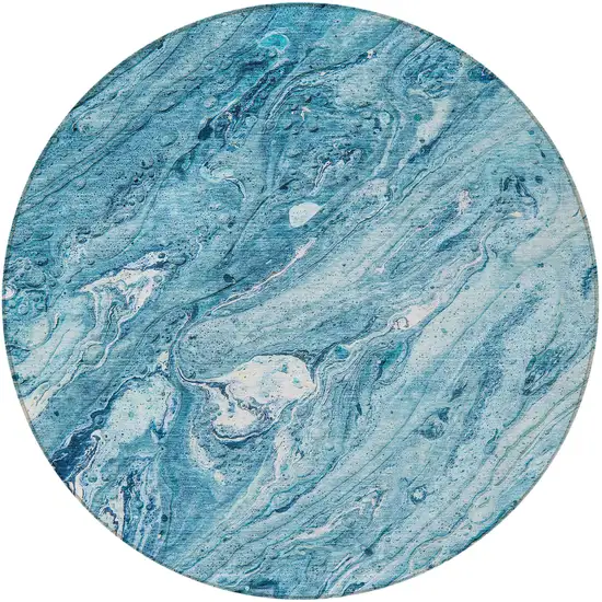 8' Sky Blue And Navy Blue Round Abstract Washable Indoor Outdoor Area Rug Photo 4