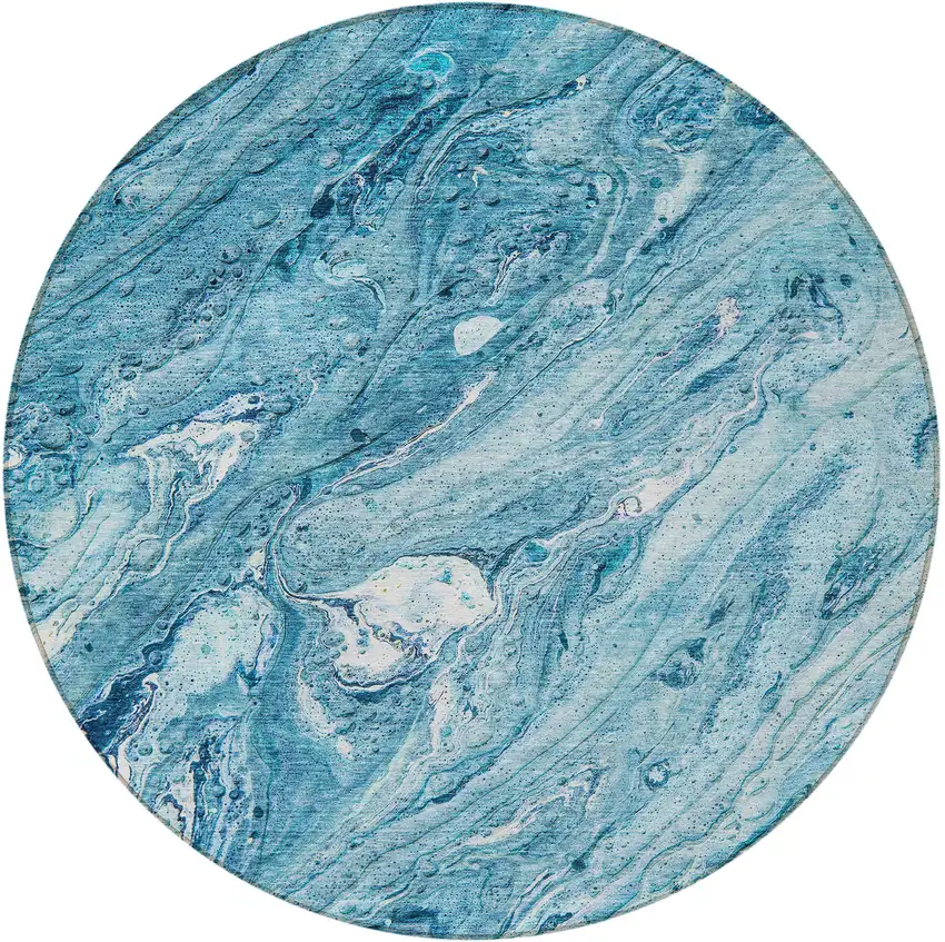 8' Sky Blue And Navy Blue Round Abstract Washable Indoor Outdoor Area Rug Photo 4