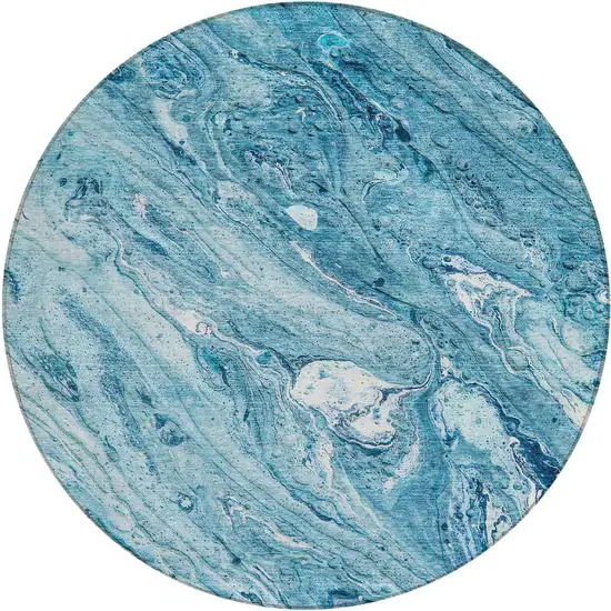 8' Sky Blue And Navy Blue Round Abstract Washable Indoor Outdoor Area Rug Photo 1