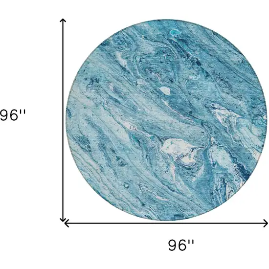 8' Sky Blue And Navy Blue Round Abstract Washable Indoor Outdoor Area Rug Photo 8