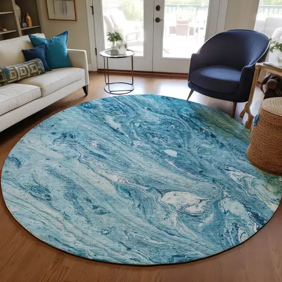 8' Sky Blue And Navy Blue Round Abstract Washable Indoor Outdoor Area Rug Photo 6