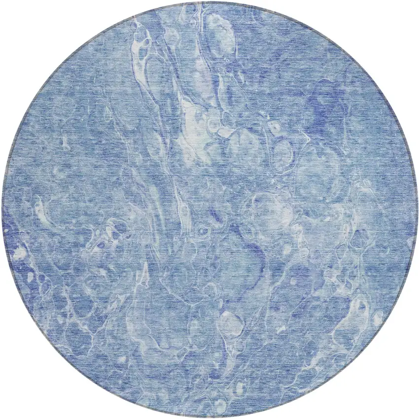 8' Sky Blue And Navy Blue Round Abstract Washable Indoor Outdoor Area Rug Photo 2