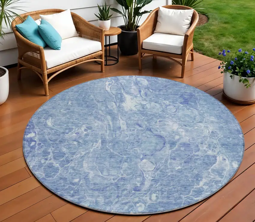 8' Sky Blue And Navy Blue Round Abstract Washable Indoor Outdoor Area Rug Photo 1