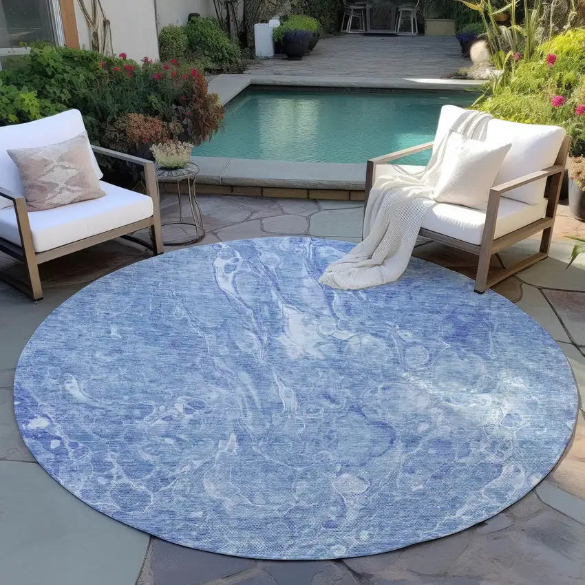8' Sky Blue And Navy Blue Round Abstract Washable Indoor Outdoor Area Rug Photo 6