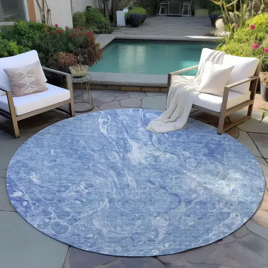 8' Sky Blue And Navy Blue Round Abstract Washable Indoor Outdoor Area Rug Photo 6