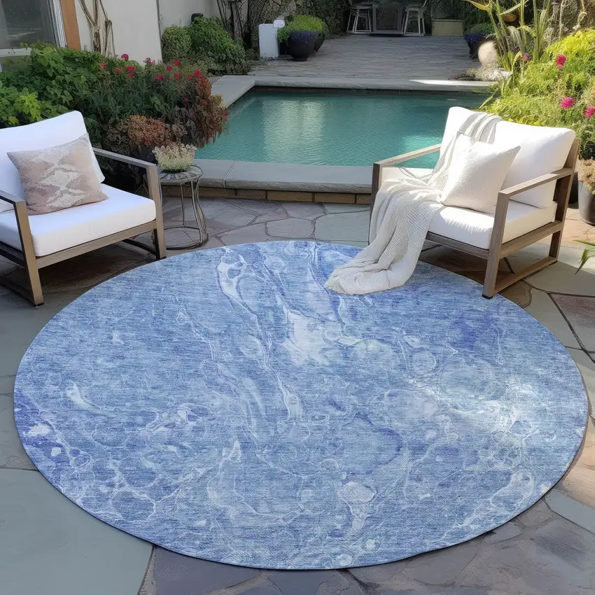 8' Sky Blue And Navy Blue Round Abstract Washable Indoor Outdoor Area Rug Photo 6