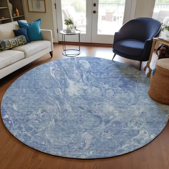 8' Sky Blue And Navy Blue Round Abstract Washable Indoor Outdoor Area Rug Photo 7