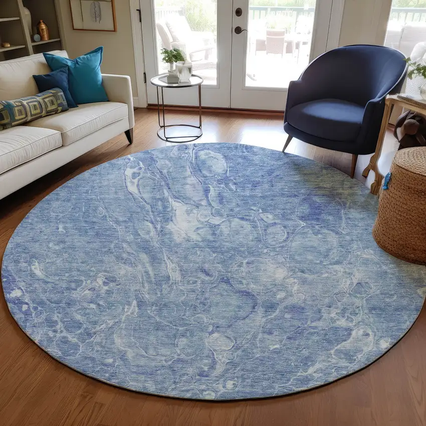 8' Sky Blue And Navy Blue Round Abstract Washable Indoor Outdoor Area Rug Photo 7