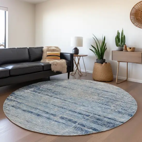 8' Sky Blue And Navy Blue Round Abstract Washable Indoor Outdoor Area Rug Photo 7