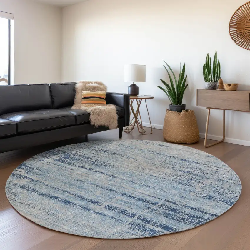 8' Sky Blue And Navy Blue Round Abstract Washable Indoor Outdoor Area Rug Photo 7