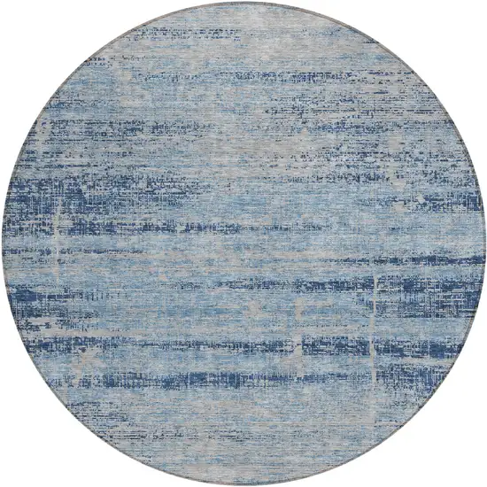 8' Sky Blue And Navy Blue Round Abstract Washable Indoor Outdoor Area Rug Photo 1