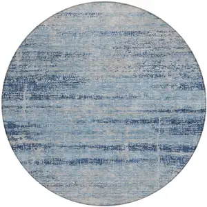 Photo of 8' Sky Blue And Navy Blue Round Abstract Washable Indoor Outdoor Area Rug