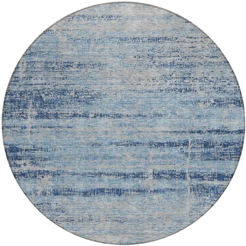 8' Sky Blue And Navy Blue Round Abstract Washable Indoor Outdoor Area Rug Photo 1