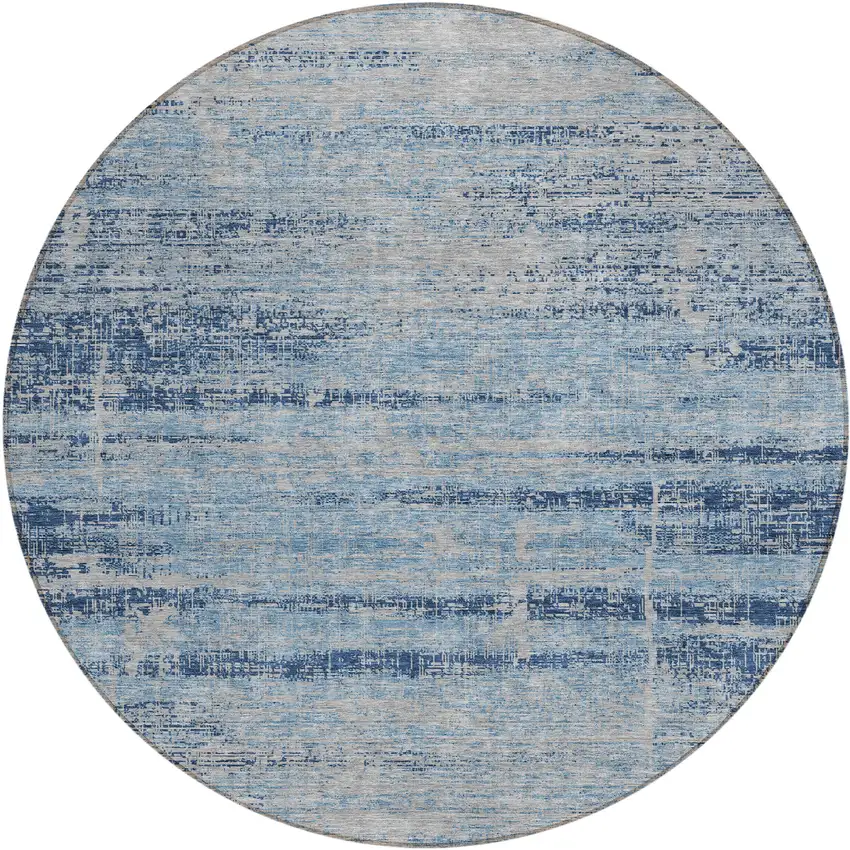 8' Sky Blue And Navy Blue Round Abstract Washable Indoor Outdoor Area Rug Photo 1