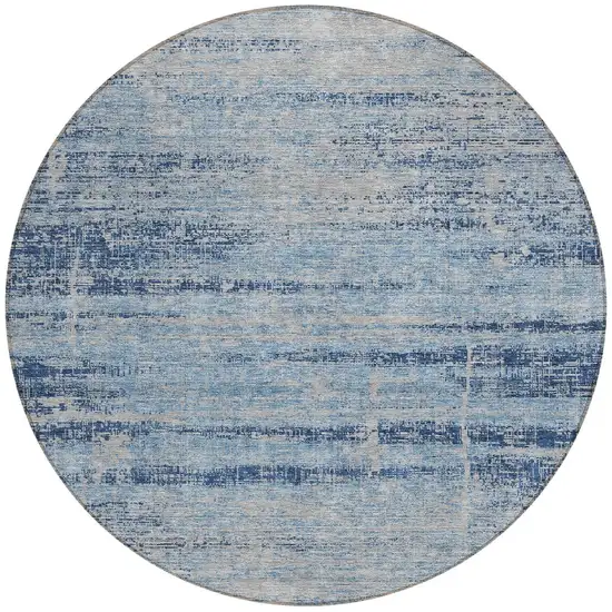 8' Sky Blue And Navy Blue Round Abstract Washable Indoor Outdoor Area Rug Photo 5