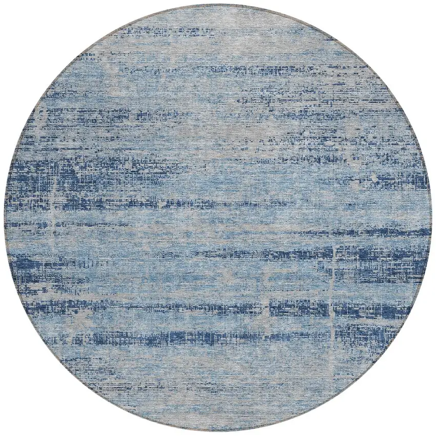 8' Sky Blue And Navy Blue Round Abstract Washable Indoor Outdoor Area Rug Photo 5