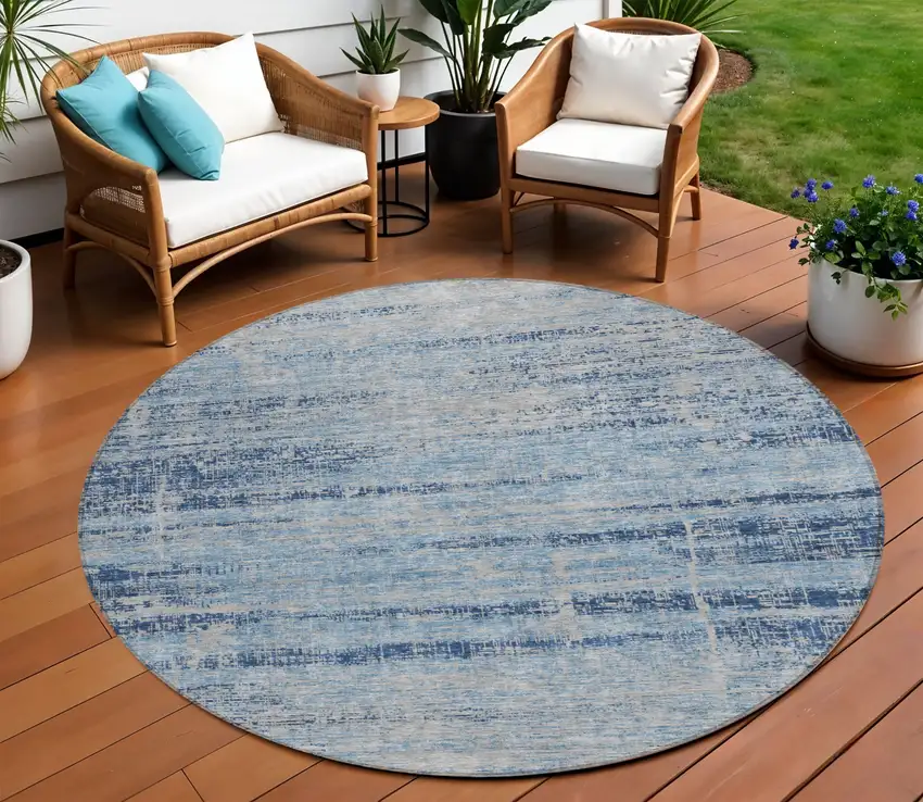 8' Sky Blue And Navy Blue Round Abstract Washable Indoor Outdoor Area Rug Photo 1