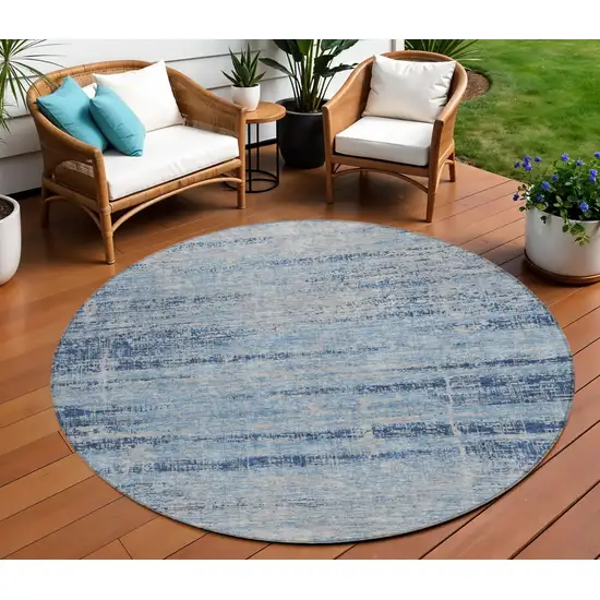 8' Sky Blue And Navy Blue Round Abstract Washable Indoor Outdoor Area Rug Photo 1