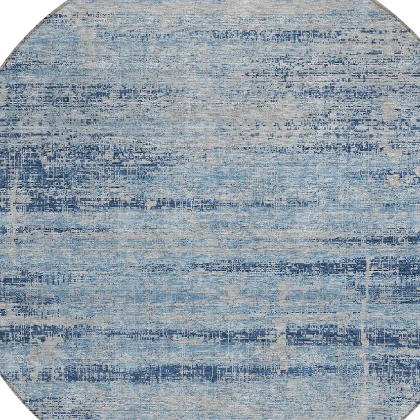 8' Sky Blue And Navy Blue Round Abstract Washable Indoor Outdoor Area Rug Photo 4