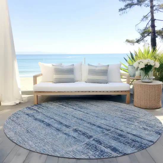 8' Sky Blue And Navy Blue Round Abstract Washable Indoor Outdoor Area Rug Photo 6