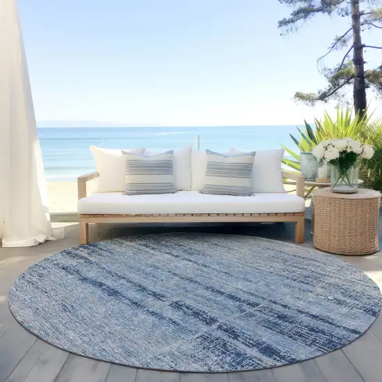 8' Sky Blue And Navy Blue Round Abstract Washable Indoor Outdoor Area Rug Photo 6