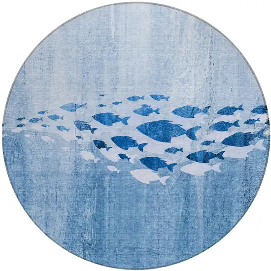 8' Sky Blue And Navy Blue Round Nautical Washable Indoor Outdoor Area Rug Photo 1