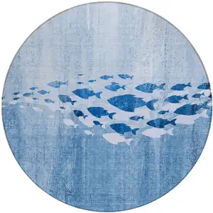 Photo of 8' Sky Blue And Navy Blue Round Nautical Washable Indoor Outdoor Area Rug