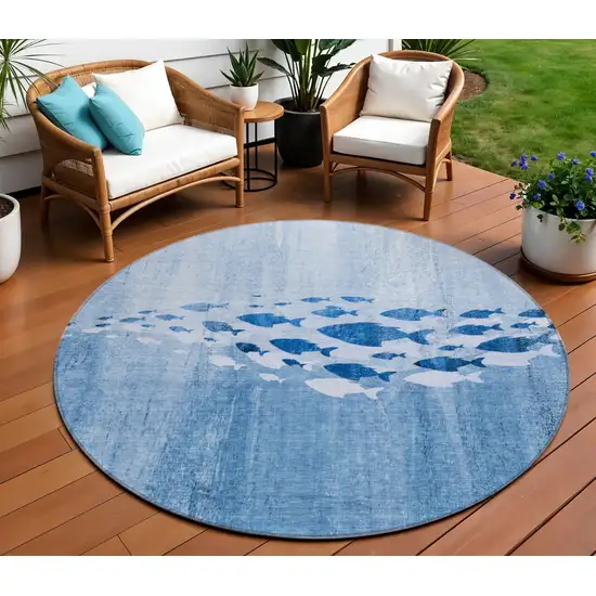 8' Sky Blue And Navy Blue Round Nautical Washable Indoor Outdoor Area Rug Photo 1