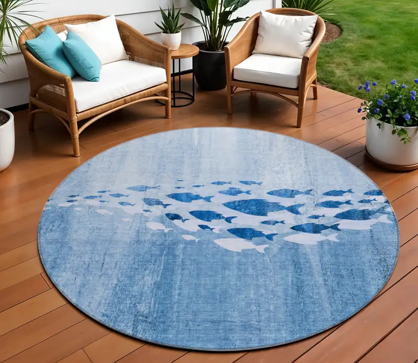 8' Sky Blue And Navy Blue Round Nautical Washable Indoor Outdoor Area Rug Photo 1